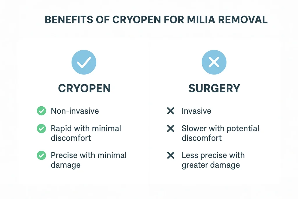Benefits of cryopen for milia removal Dartford compared to surgical treatments.