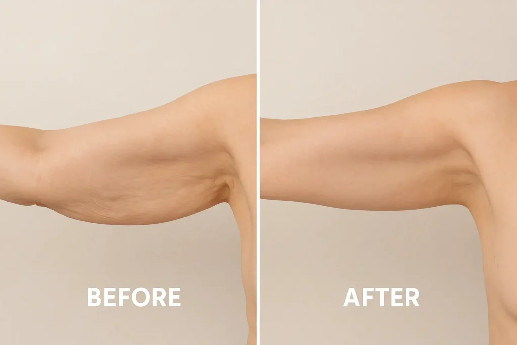 Picture of LA LIPO Dartford before and after results of skin tightening treatment on the upper arms.