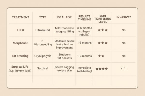 Table showing the comparisons of Skin tightening Dartford treatment options.
